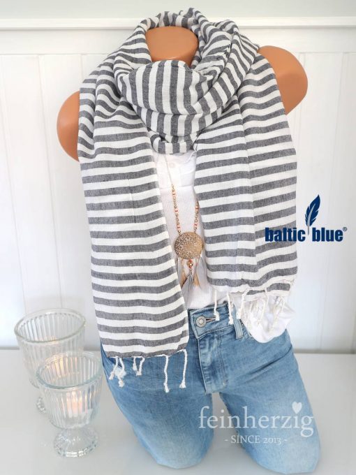 xl schal tuch balticblue baumwolle viskose grau weiss streifen fransen